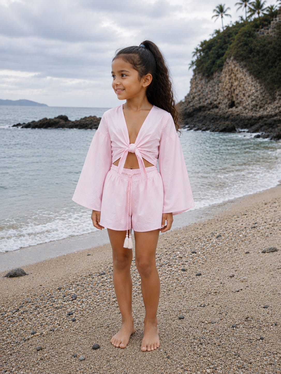 Girl’s Baby Pink Solid Cotton Beach Wear Set with Bell Sleeve Tie-Up Top & Tassel Shorts