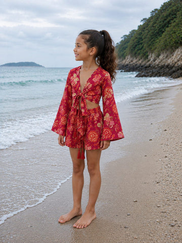 Girl’s Deep Red Floral Printed Cotton Beach Wear Set with Bell Sleeve Tie-Up Top & Tassel Shorts