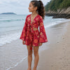 Girl’s Deep Red Floral Printed Cotton Beach Wear Set with Bell Sleeve Tie-Up Top & Tassel Shorts