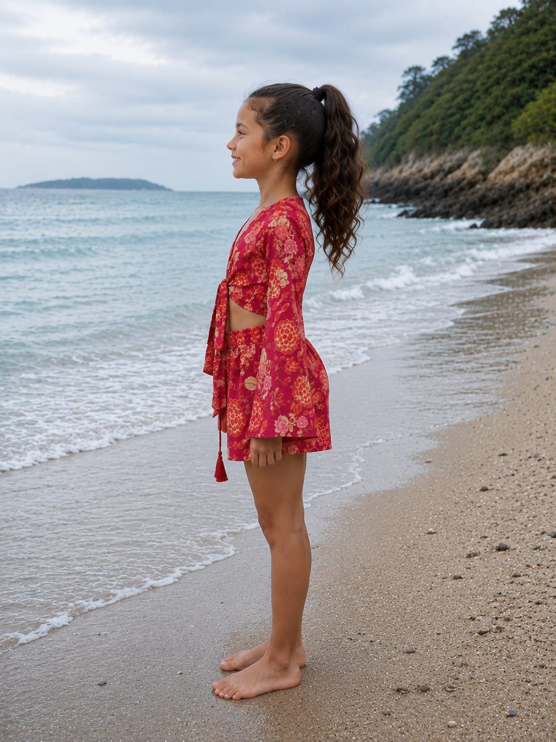 Girl’s Deep Red Floral Printed Cotton Beach Wear Set with Bell Sleeve Tie-Up Top & Tassel Shorts