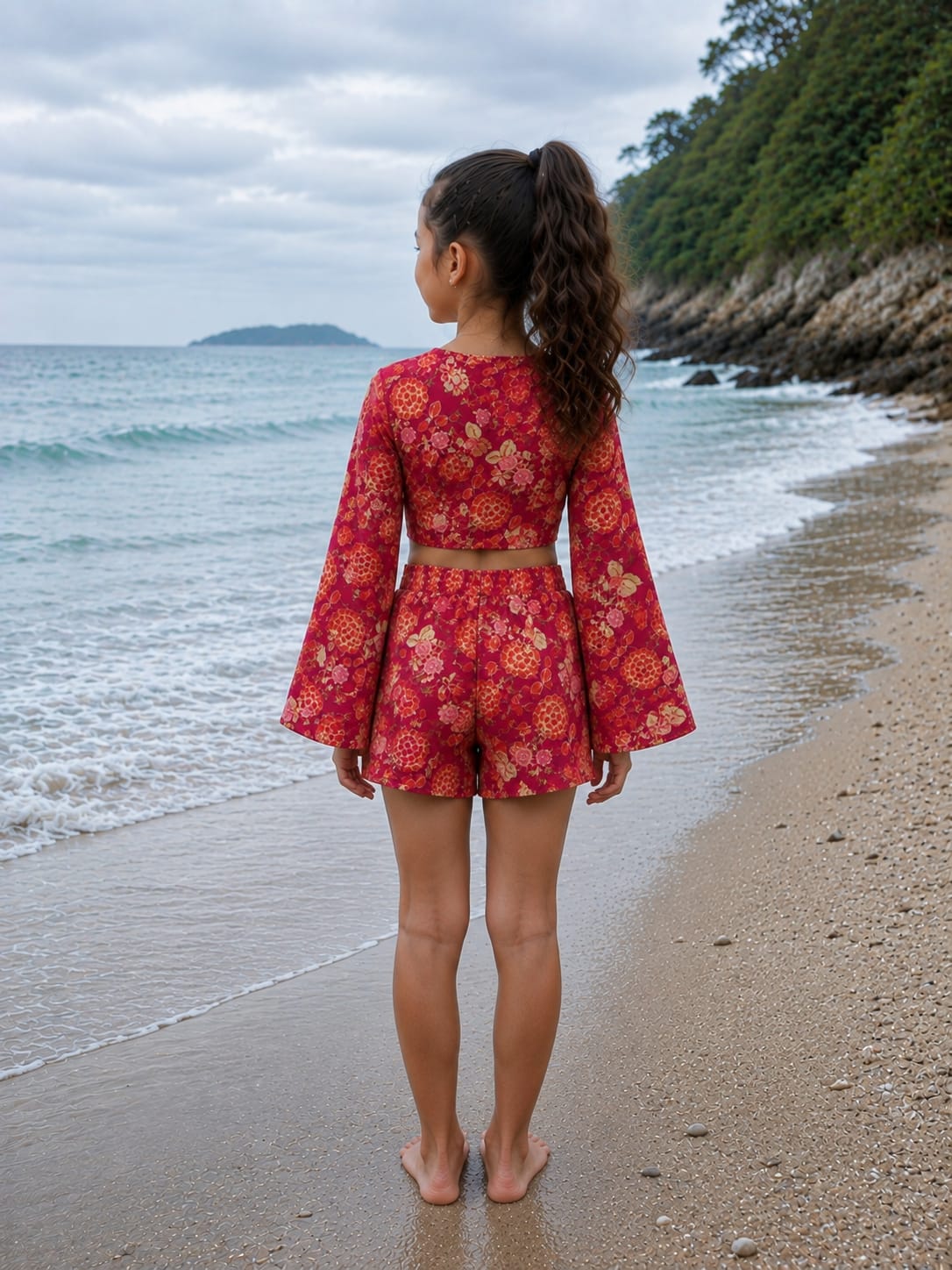 Girl’s Deep Red Floral Printed Cotton Beach Wear Set with Bell Sleeve Tie-Up Top & Tassel Shorts