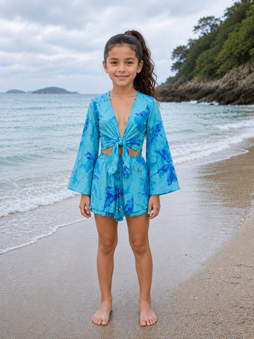 Girl’s Turquoise Blue Abstract Printed Cotton Beach Wear Set with Bell Sleeve Tie-Up Top & Tassel Shorts