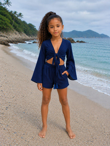 Girls Navy Blue Cotton Beach Wear Set with Bell Sleeve Tie-Up Top & Tassel Shorts