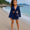Girls Navy Blue Cotton Beach Wear Set with Bell Sleeve Tie-Up Top & Tassel Shorts