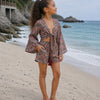 Girls Grey & Maroon Ethnic Printed Cotton Beach Wear Set with Bell Sleeve Tie-Up Top & Tassel Shorts