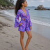 Girls Purple Geometric Printed Cotton Beach Wear Set with Bell Sleeve Tie-Up Top & Tassel Shorts