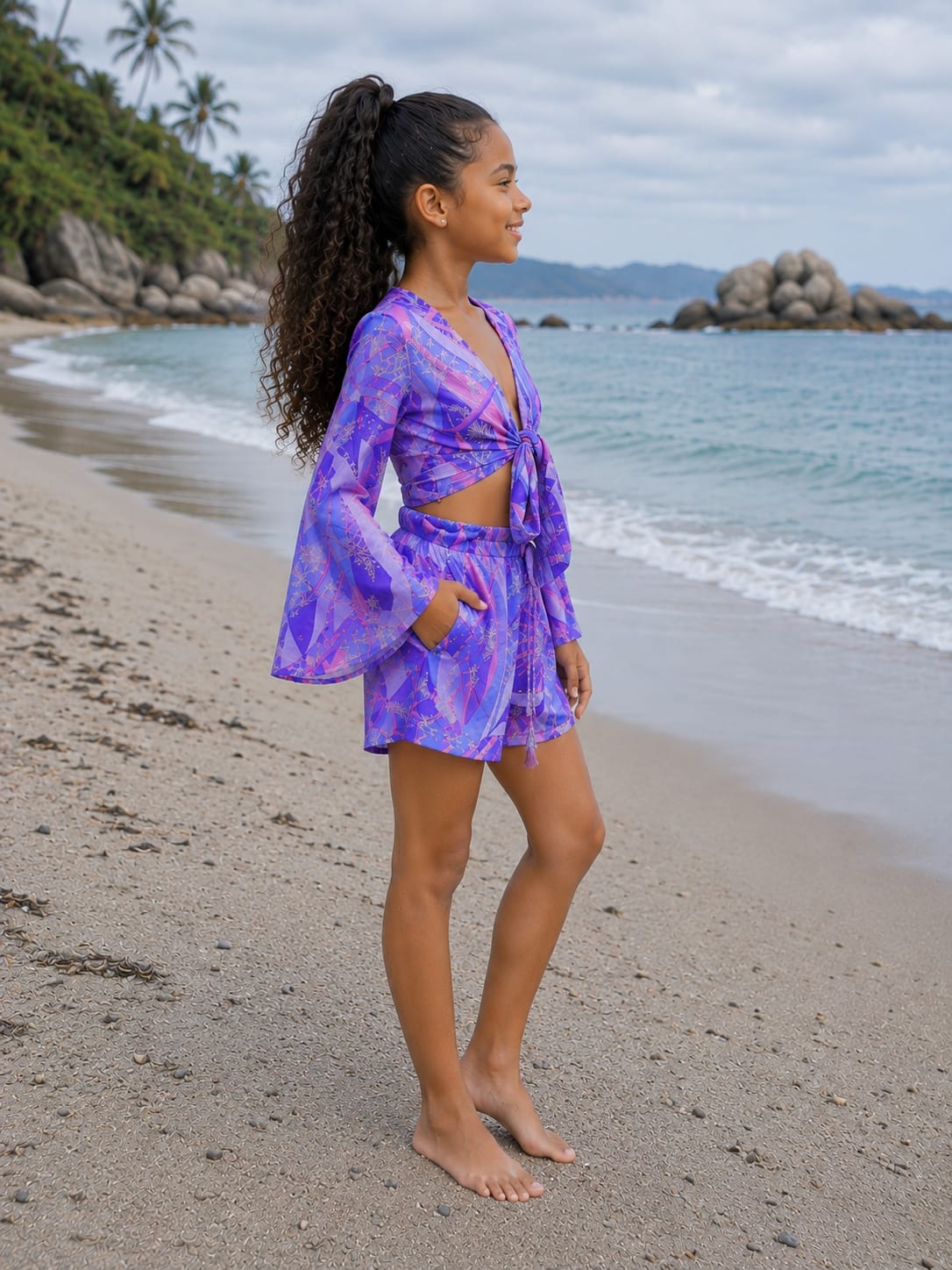 Girls Purple Geometric Printed Cotton Beach Wear Set with Bell Sleeve Tie-Up Top & Tassel Shorts