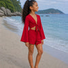 Girl’s Red Solid Cotton Beach Wear Set with Bell Sleeve Tie-Up Top & Tassel Shorts