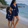 Mom & Daughter Navy Blue Cotton Beach Wear Set with Bell Sleeve Tie-Up Top & Tassel Shorts