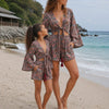 Mom & Daughter Brown Floral Printed Cotton Beach Wear Set with Bell Sleeve Tie-Up Top & Tassel Shorts