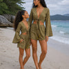 Mom & Daughter Olive Green Printed Cotton Beach Wear Set with Bell Sleeve Tie-Up Top & Tassel Shorts