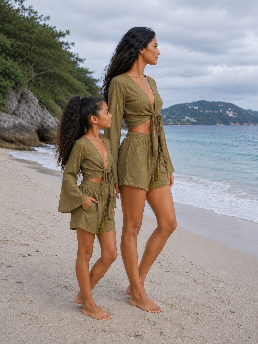 Mom & Daughter Olive Green Printed Cotton Beach Wear Set with Bell Sleeve Tie-Up Top & Tassel Shorts