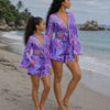 Mom & Daughter Purple Abstract Printed Cotton Beach Wear Set with Bell Sleeve Tie-Up Top & Tassel Shorts
