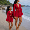 Mom & Daughter Red Cotton Beach Wear Set with Bell Sleeve Tie-Up Top & Tassel Shorts