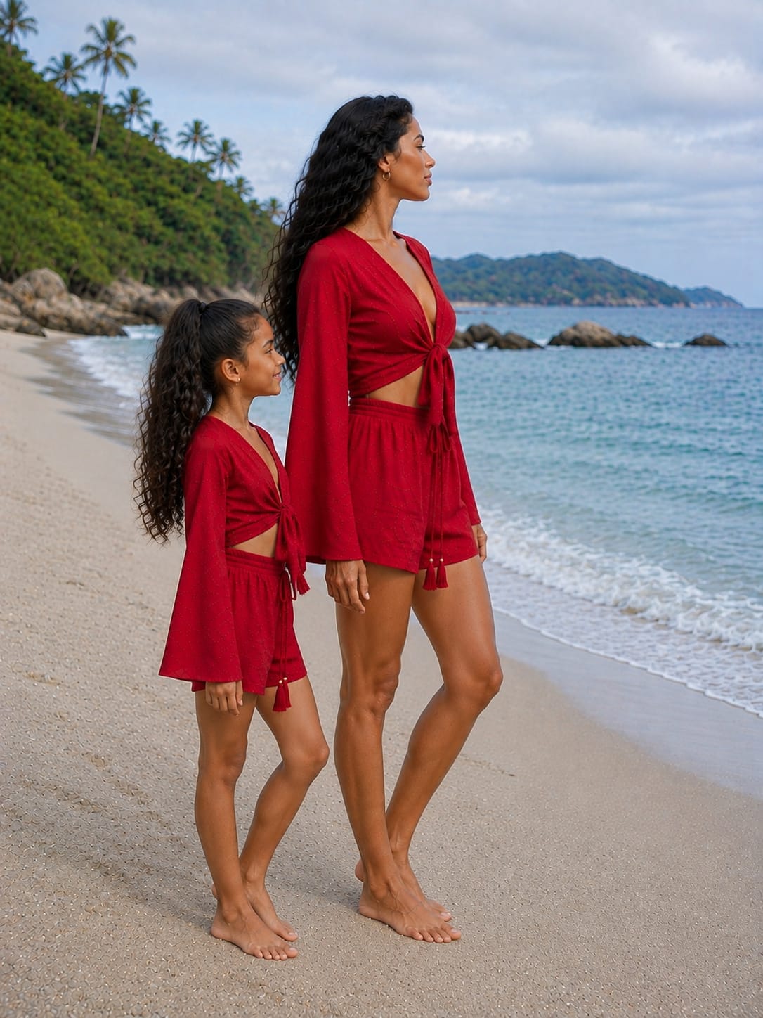 Mom & Daughter Red Cotton Beach Wear Set with Bell Sleeve Tie-Up Top & Tassel Shorts