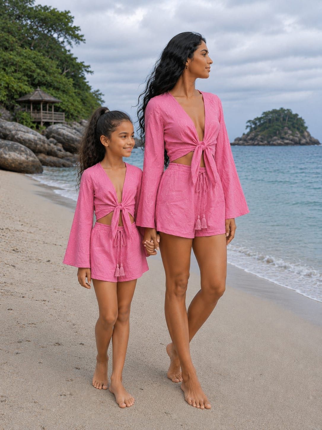 Mom & Daughter Pink Cotton Beach Wear Set with Bell Sleeve Tie-Up Top & Tassel Shorts