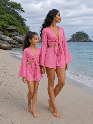 Mom & Daughter Pink Cotton Beach Wear Set with Bell Sleeve Tie-Up Top & Tassel Shorts