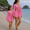 Mom & Daughter Pink Cotton Beach Wear Set with Bell Sleeve Tie-Up Top & Tassel Shorts