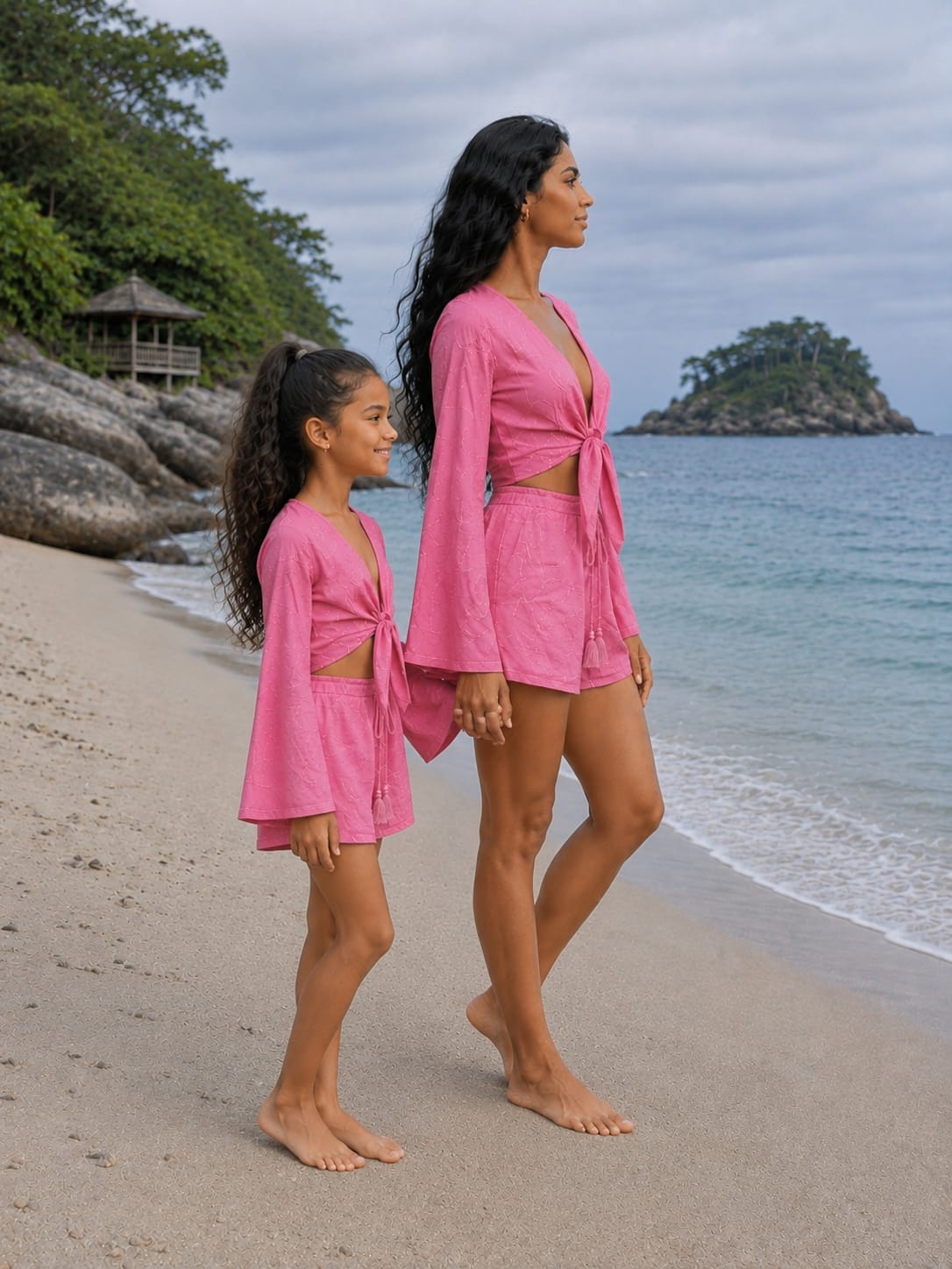 Mom & Daughter Pink Cotton Beach Wear Set with Bell Sleeve Tie-Up Top & Tassel Shorts