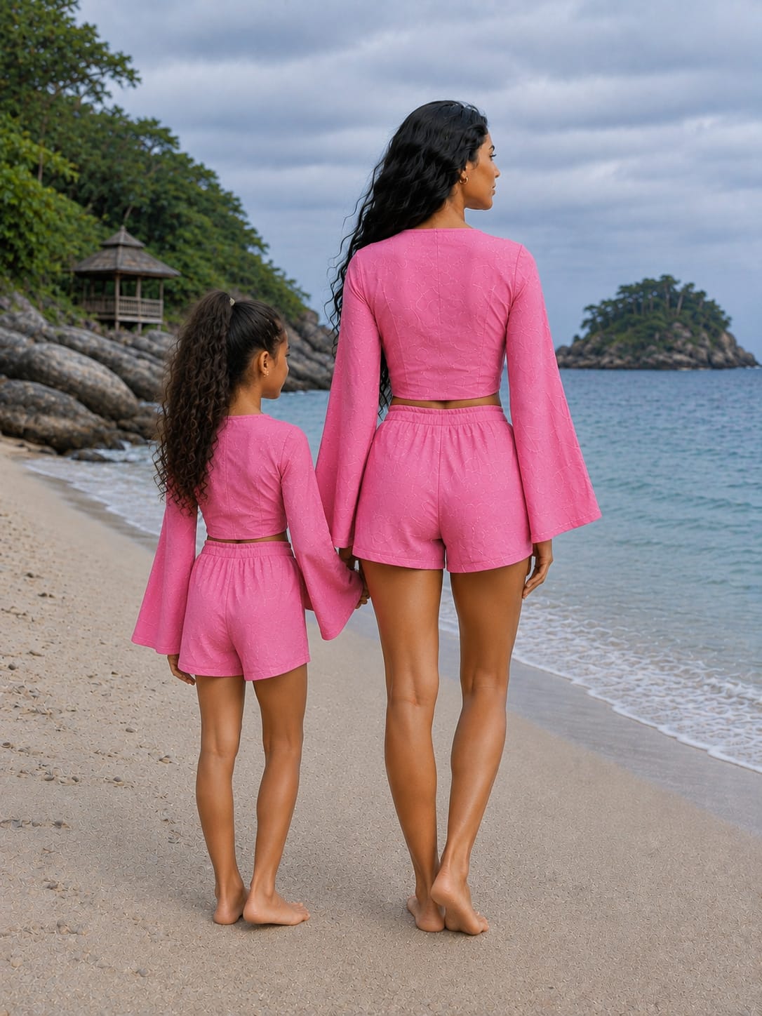Mom & Daughter Pink Cotton Beach Wear Set with Bell Sleeve Tie-Up Top & Tassel Shorts