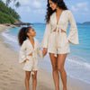 Mom & Daughter Ivory White Cotton Beach Wear Set with Bell Sleeve Tie-Up Top & Tassel Shorts