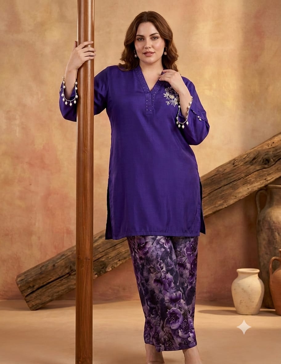 Premium Handcrafted Silk Plus Size Co-Ord Set – Royal Purple Top with Printed Balloon Pants (Limited Edition)