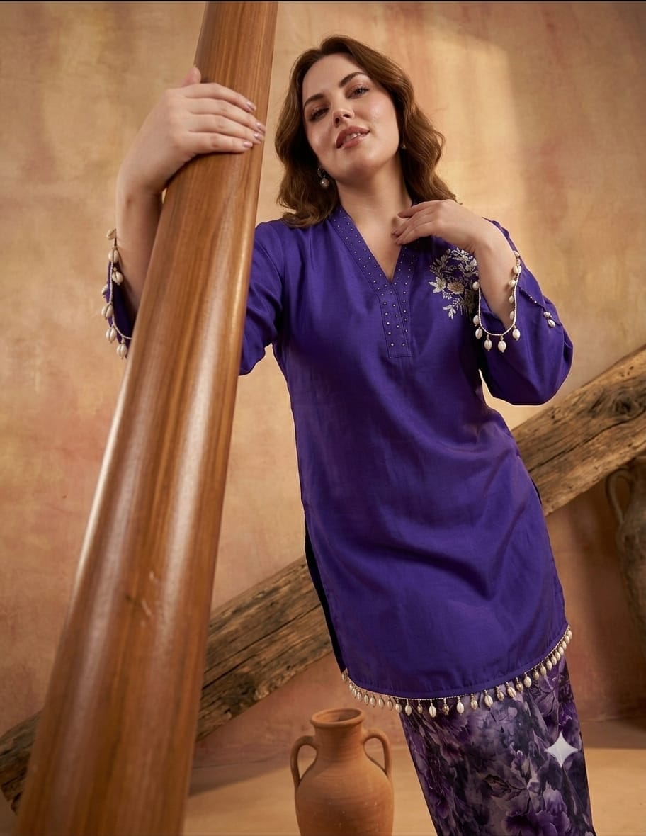 Premium Handcrafted Silk Plus Size Co-Ord Set – Royal Purple Top with Printed Balloon Pants (Limited Edition)