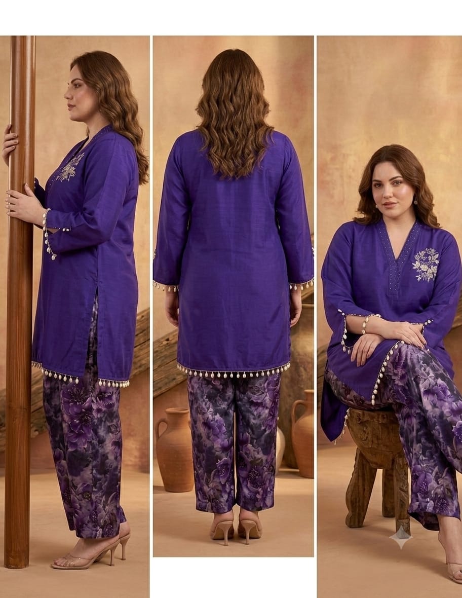 Premium Handcrafted Silk Plus Size Co-Ord Set – Royal Purple Top with Printed Balloon Pants (Limited Edition)