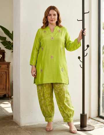 Premium Handcrafted Silk Plus Size Co-Ord Set – Lime Green Top Embroidered with Printed Balloon Pants (Limited Edition)