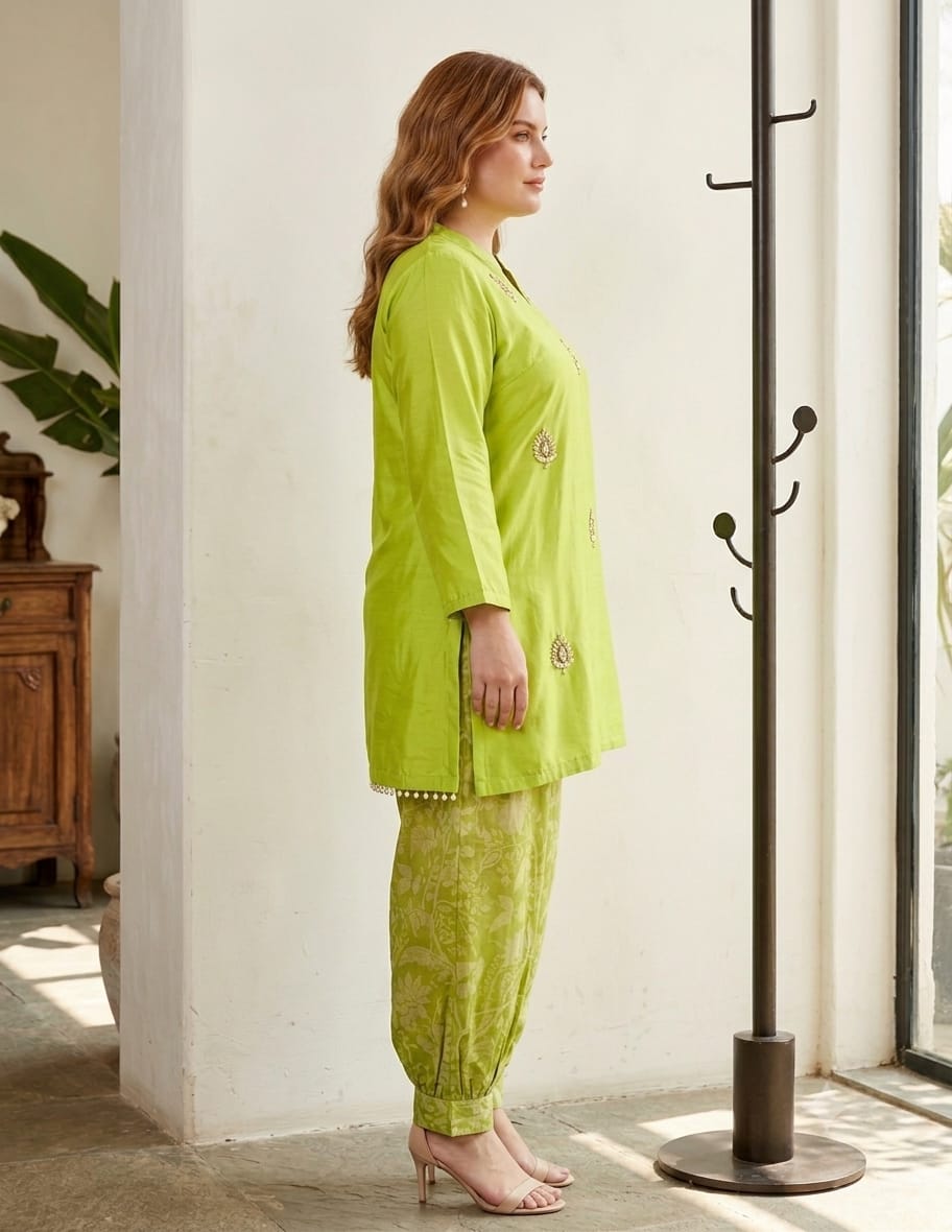 Premium Handcrafted Silk Plus Size Co-Ord Set – Lime Green Top Embroidered with Printed Balloon Pants (Limited Edition)