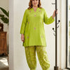 Premium Handcrafted Silk Plus Size Co-Ord Set – Lime Green Top Embroidered with Printed Balloon Pants (Limited Edition)