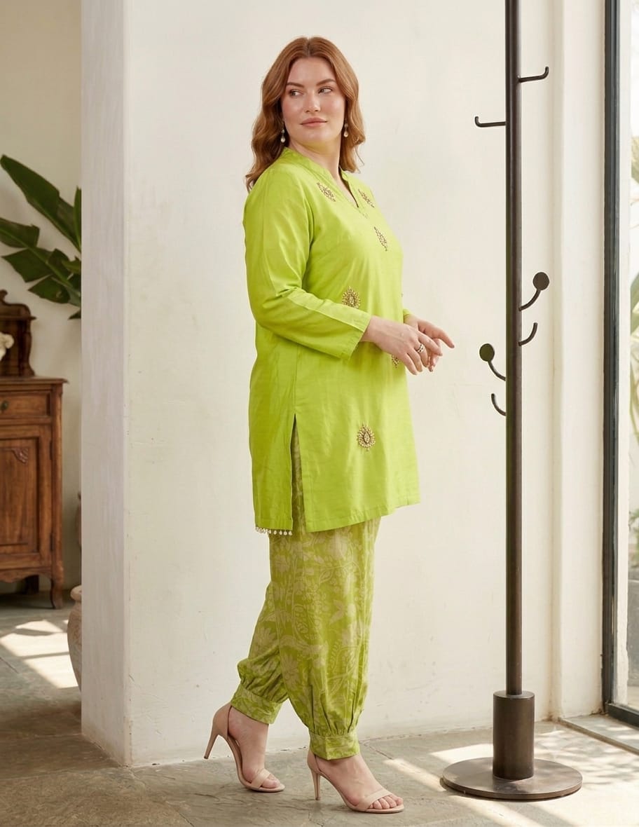 Premium Handcrafted Silk Plus Size Co-Ord Set – Lime Green Top Embroidered with Printed Balloon Pants (Limited Edition)