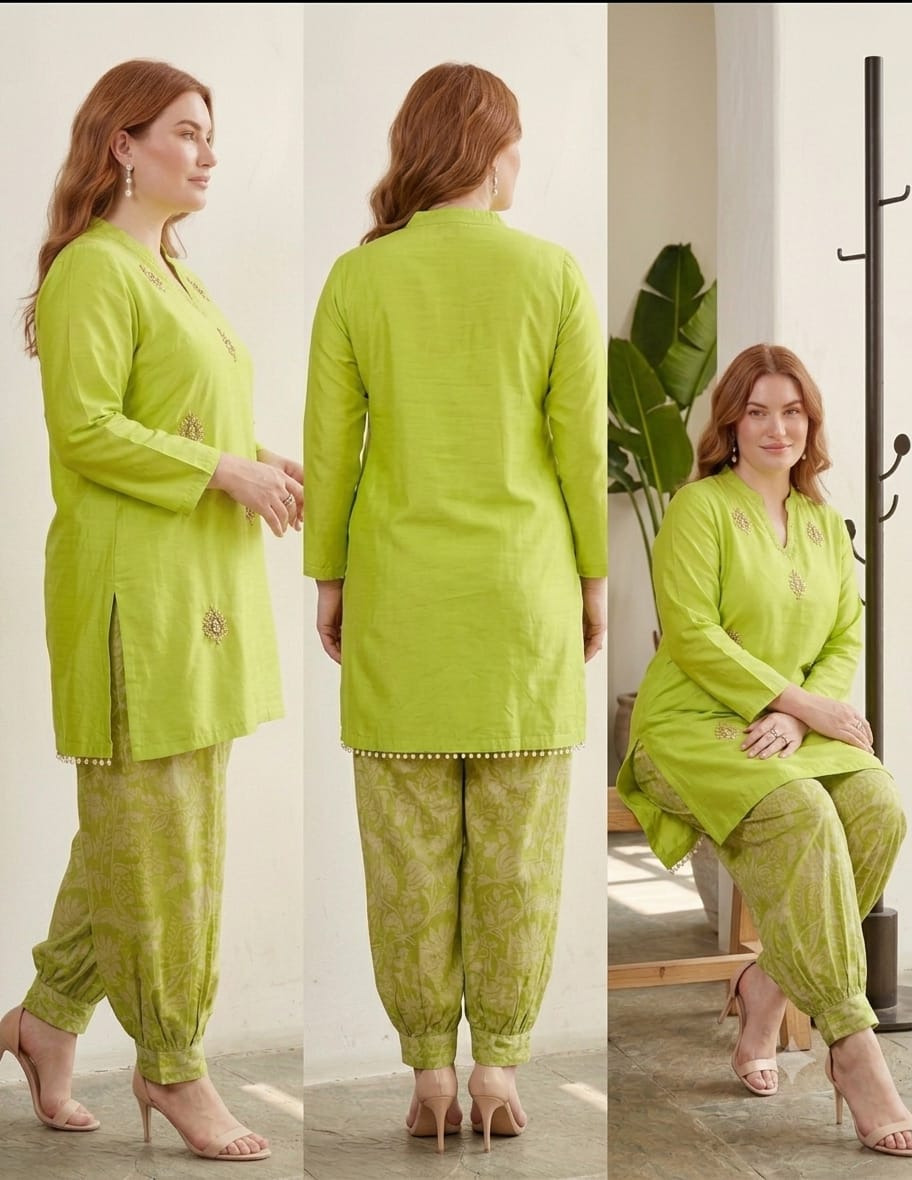 Premium Handcrafted Silk Plus Size Co-Ord Set – Lime Green Top Embroidered with Printed Balloon Pants (Limited Edition)