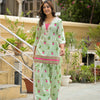 woman's Pastel Mint Green Designer Printed Cotton 2-Piece Co-ord Set with Tulip Dhoti Pants & Lace