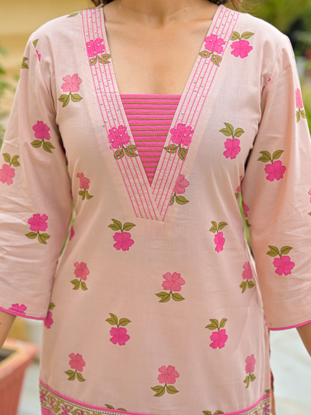 woman's Dusty Peach / Blush Pink Designer Printed Cotton 2-Piece Co-ord Set with Tulip Dhoti Pants & Lace (Copy)