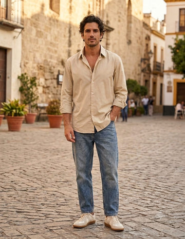 Men's Premium Cream Beige Poplin Cotton Casual Shirt