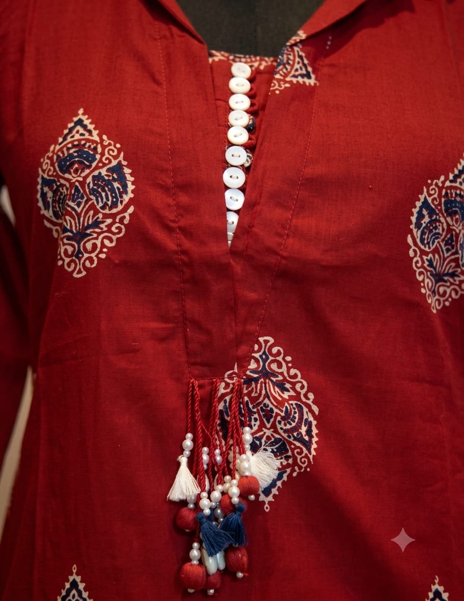 Rust Red Handcrafted Jaipuri Discharge Print Cotton A-Line Kurta & Palazzo Set