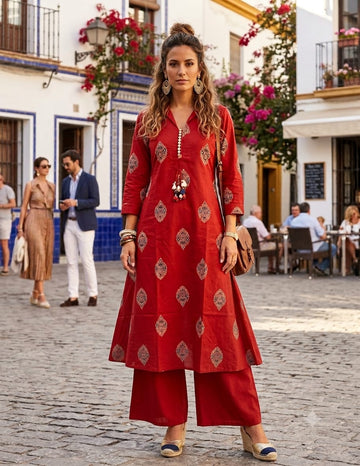 Rust Red Handcrafted Jaipuri Discharge Print Cotton A-Line Kurta & Palazzo Set