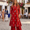 Rust Red Handcrafted Jaipuri Discharge Print Cotton A-Line Kurta & Palazzo Set