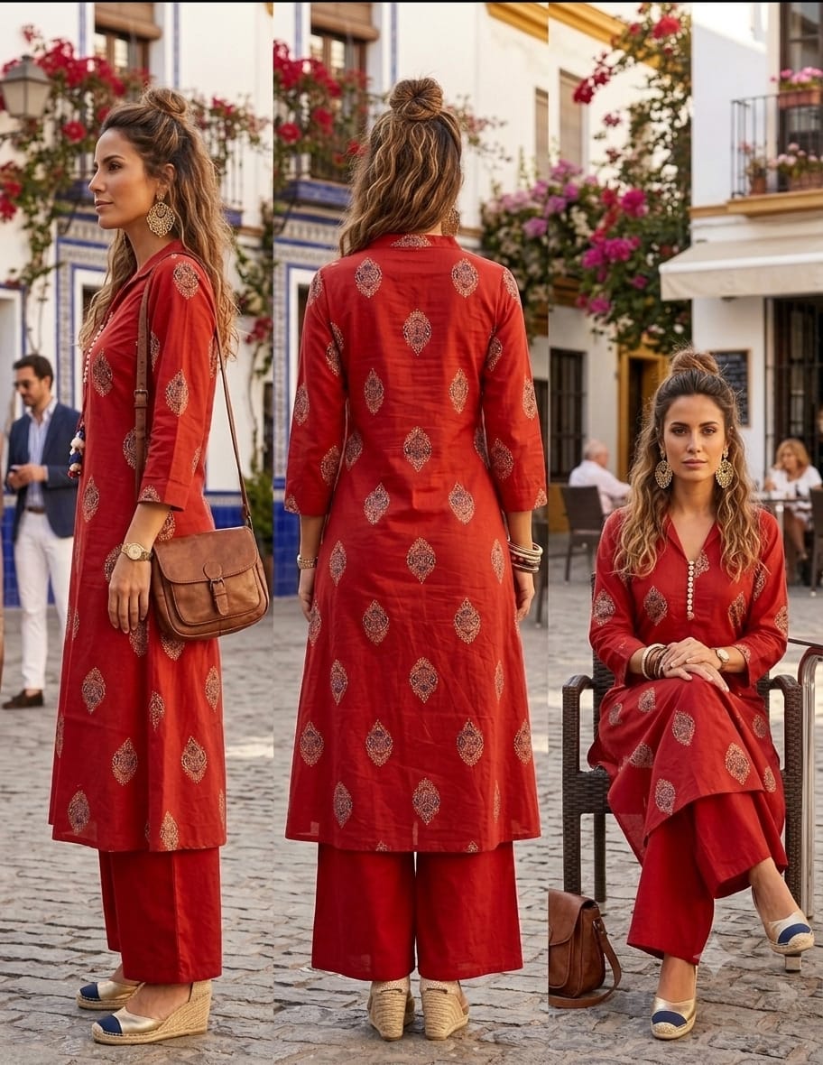 Rust Red Handcrafted Jaipuri Discharge Print Cotton A-Line Kurta & Palazzo Set