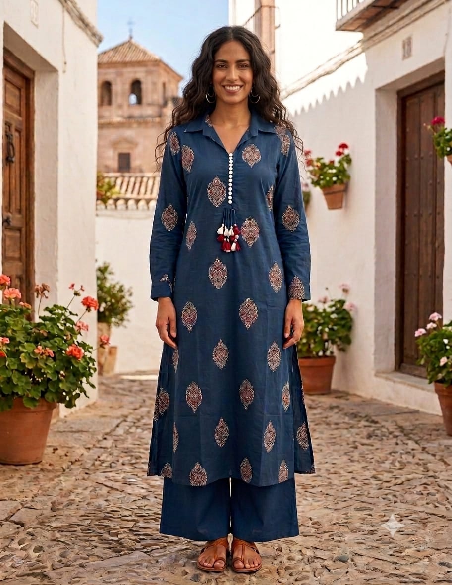 Indigo Blue Handcrafted Jaipuri Discharge Print Cotton A-Line Kurta & Palazzo Set