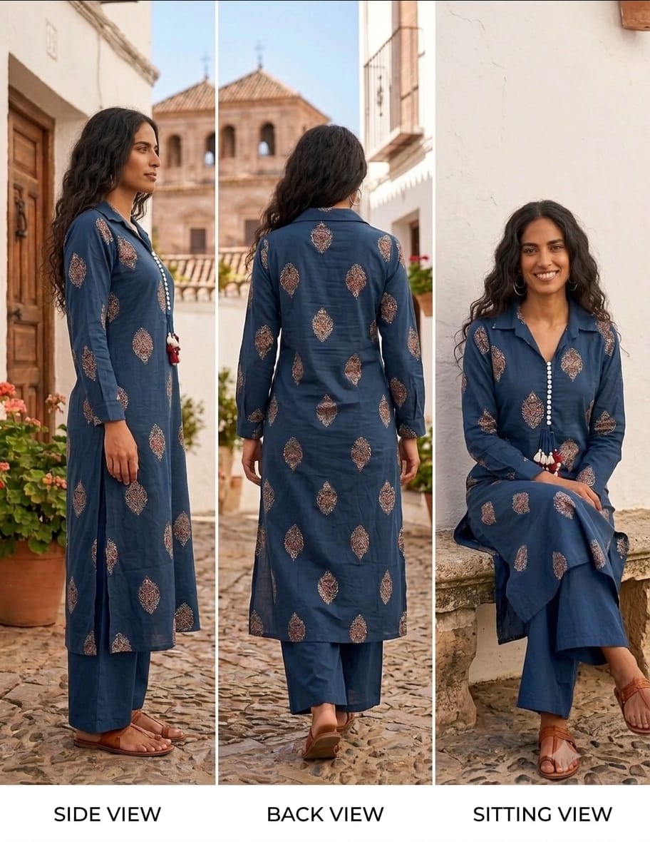 Indigo Blue Handcrafted Jaipuri Discharge Print Cotton A-Line Kurta & Palazzo Set