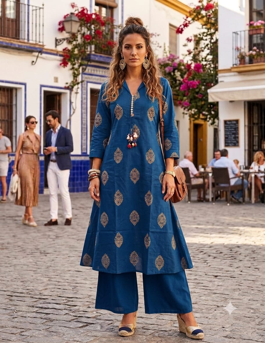 Indigo Blue Handcrafted Jaipuri Discharge Print Cotton A-Line Kurta & Palazzo Set