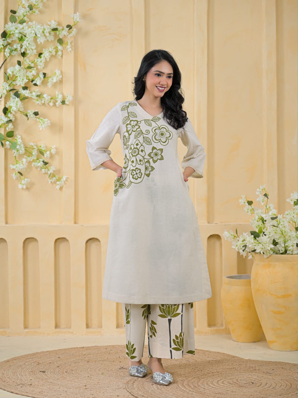 Elegant Off-White Cotton Linen Embroidered Kurta with Printed Pants Set (Limited Edition)