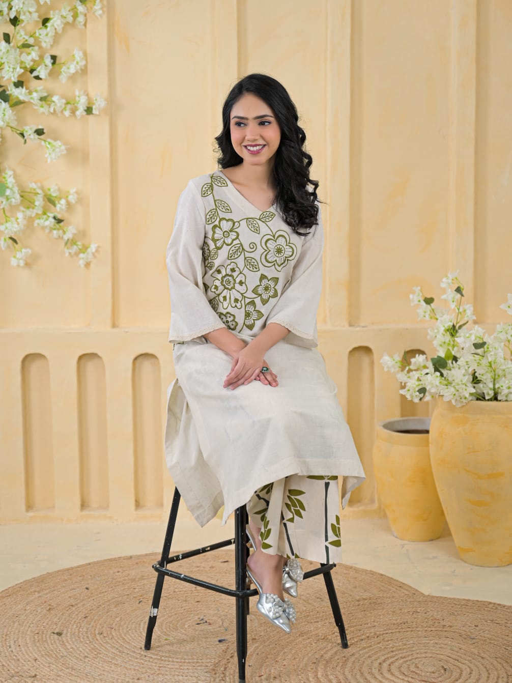 Elegant Off-White Cotton Linen Embroidered Kurta with Printed Pants Set (Limited Edition)