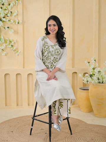 Elegant Off-White Cotton Linen Embroidered Kurta with Printed Pants Set (Limited Edition)
