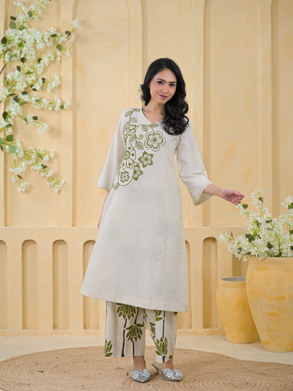 Elegant Off-White Cotton Linen Embroidered Kurta with Printed Pants Set (Limited Edition)