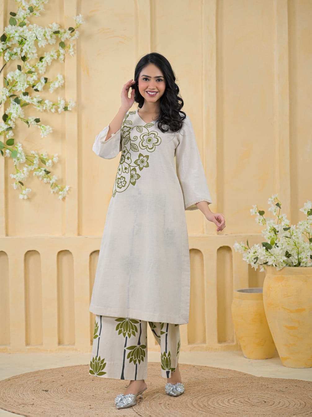 Elegant Off-White Cotton Linen Embroidered Kurta with Printed Pants Set (Limited Edition)