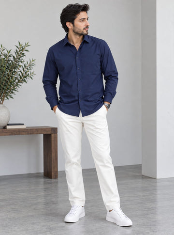 Men's Premium Navy Blue Poplin Cotton Casual Shirt