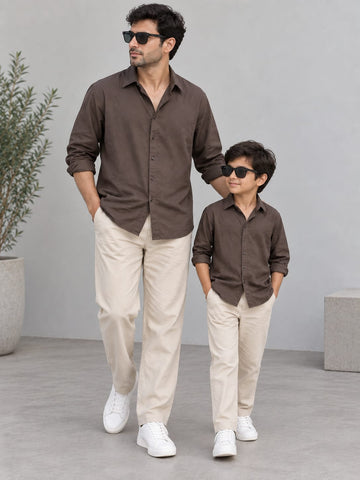 Dad & Son Premium Coffee Brown Poplin Cotton Casual Shirt